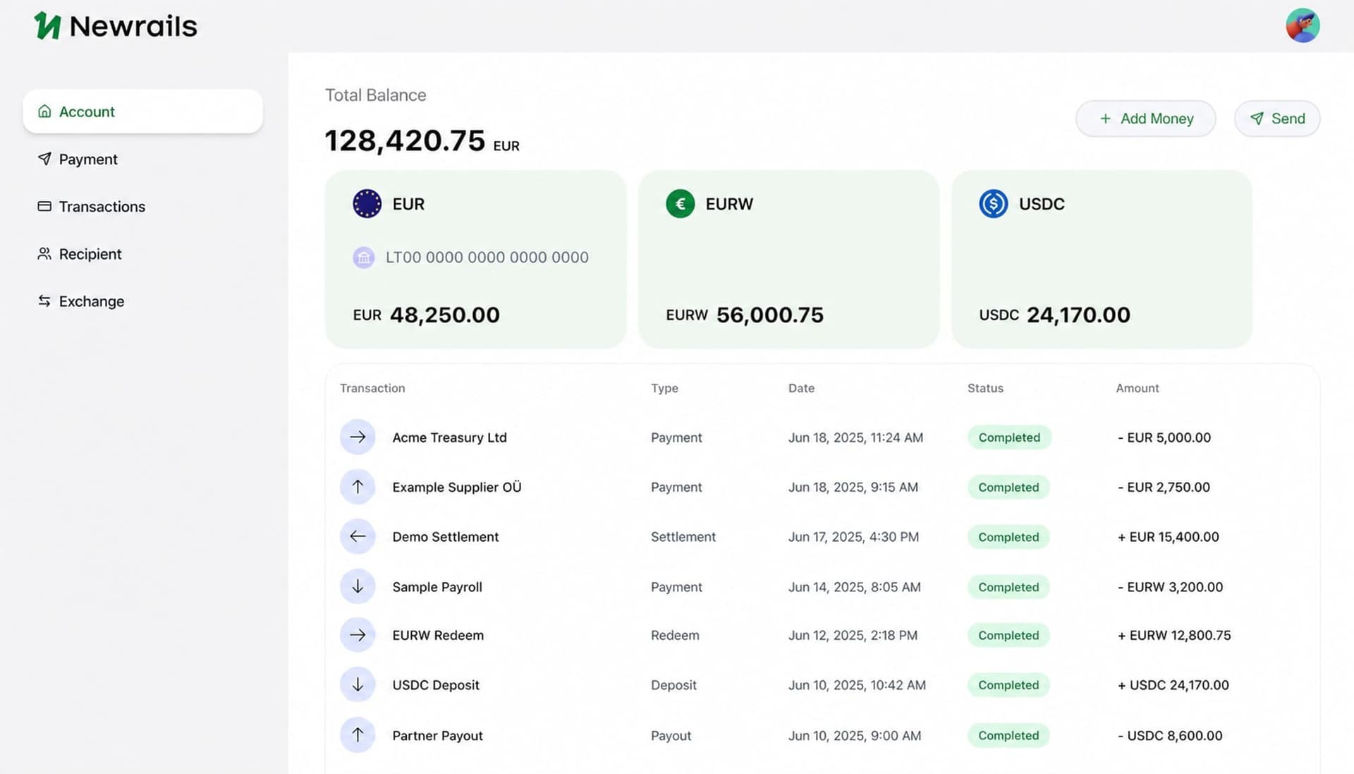 Newrails business account dashboard